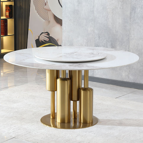 Dining Table, Round For Dining Room - Gold / Gold / White