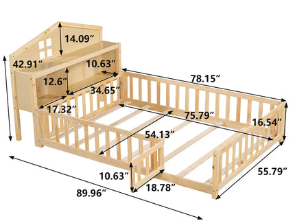 Full Size Montessori Floor Bed With Bookcases And boards, Solid Wood Platform Bed With Guard Rails And Storage Headboards - Natural