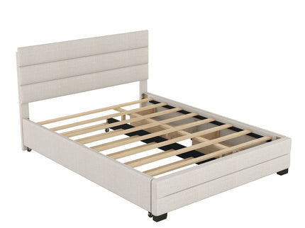 Queen Platform Bed With Twin Trundle And 2 Storage Drawers - Beige