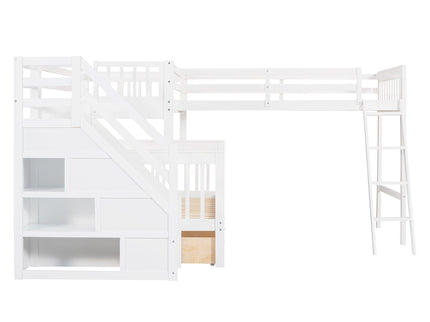 Solid L Shaped Bunk Bed With 3 Drawers, Ladder And Staircase