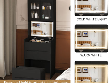 3 In 1 Vanity Table With LED Mirror & Storage Stool For Bedroom