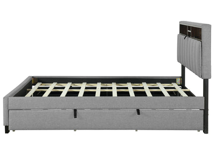 Upholstered Platform Bed With Storage Headboard, Trundle & 2 Drawers And A Set Of Sockets & USB Ports