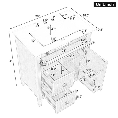 Bathroom Vanity With Sink, Flip Drawer & Adjustable Shelf - Natural