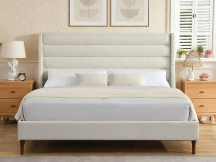 Modern Upholstered Platform Bed With Wave Shaped Headboard