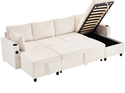 Sectional Sofa Bed With Pull Out Sleeper, USB Ports, Cup Holders