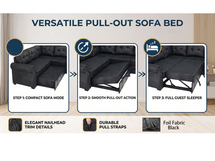 U Shape Sectional Sleeper Sofa With Pull Out Bed And Storage Chaise - Black