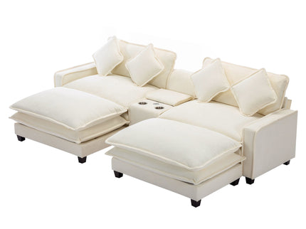Sectional Sofa Upholstered Sofa With Two Removable Ottoman, Two USB Ports, Two Cup Holders And Large Storage Box For Living Room