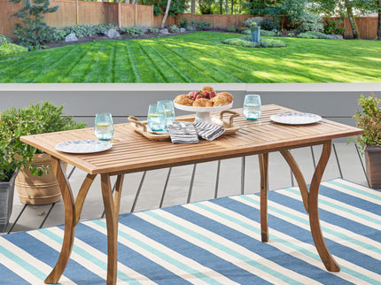 Outdoor Rectangular Table With Curved Legs And Perpendicular Wooden Slats Table Top
