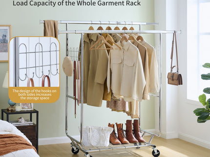 Heavy Duty Double Clothing Garment Rack With Shelves - Silver
