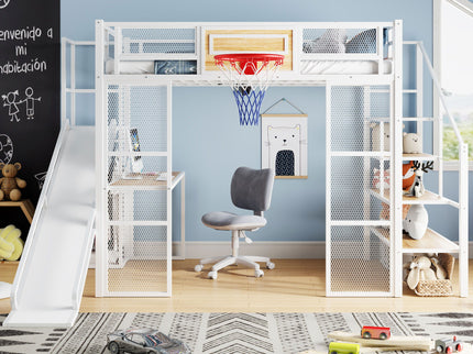 Loft Bed With Built In Desk, Open Wardrobe, Basketball Hoop, Slide And Staircase