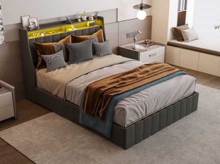 Bed With LED Lights, 4 Drawers, Winged Headboard Upholstered