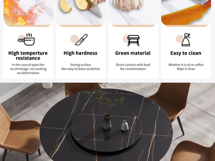Modern Artificial Stone Round Carbon Steel Base Dining Table, Can Accommodate 6 People Artificial Stone Turntable - Black