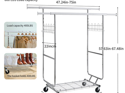 Heavy Duty Double Clothing Garment Rack With Shelves - Silver