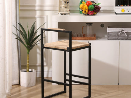 Stylish (Set of 2) Bar Stools With Backrest And Paper Rope Woven Seat, Counter Height Dining Chairs For Kitchen - Natural