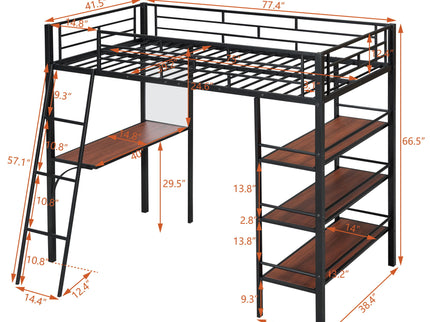 Loft Metal Bed With 3 Layers Of Shelves And Desk, Stylish Metal Frame Bed With board