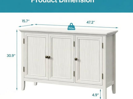 3 Door Buffet Cabinet With Adjustable Shelves - Matte White / Grayish