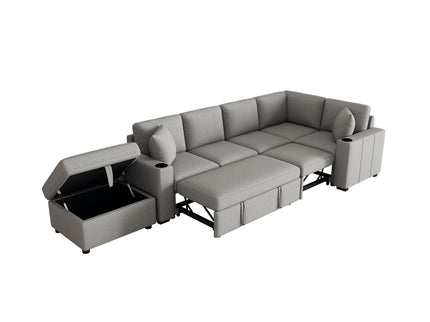 Sectional Sofa Convertible Pull-Out Sofa Bed With A Movable Storage Ottoman For Living Room