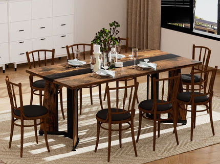 Rustic Rectangular Large Dining Table, Waterproof Desk For 8 People, & Steel With Adjustable Legs - Black / Rustic Brown