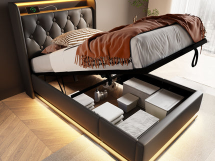 Upholstered Bed, 360 Surround LED Function, Remote Control, Hydraulic Storage Bed With USB, Type-C Charging (Without Mattress)