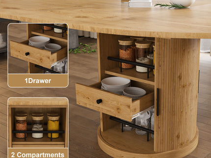 Extendable Oval Dining Table Set With 4 Cushioned Chairs, 2 Tier Storage - Oak
