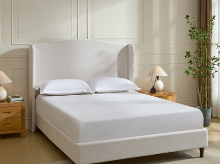 Hannah - Upholstered Wingback Bed Size / Tall Headboard Upholstered King Bed / Premium Textured Look / Minimalist Designs / No Box Spring Needed