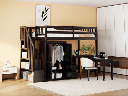 Loft Bed With Stairs, Bookshelf, Drawers, Desk & Wardrobe, Space Saving Multifunctional Furniture