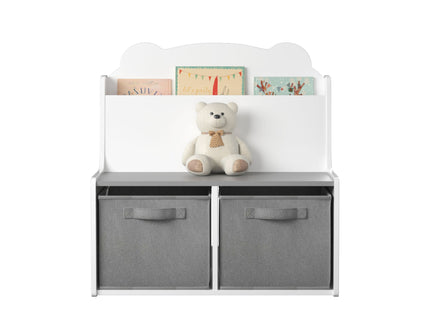 Bookshelf With Storage Bins, Bookcase With Book Display Shelf And 2 Bins, Cute Bear Shaped Backboard, Toy Organizer - White