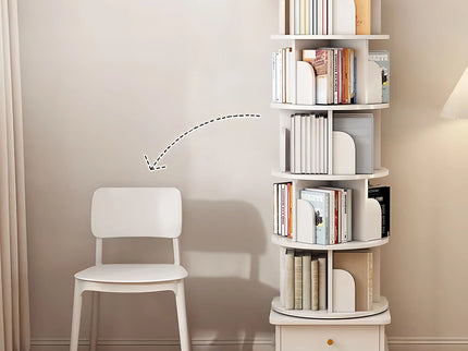Rotating Bookshelf With Wheels And Drawer, 360° Spinning Design, Space Saving Storage