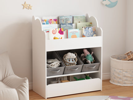 Bookshelf With Storage Bins And Drawer, Multi Functional Book Organizer For Toddlers - White