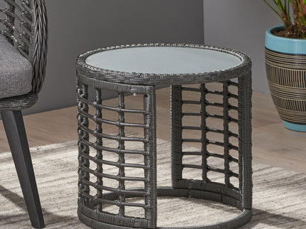 Achill - Outdoor Modern Boho Wicker Side Table With Glass Top - Gray