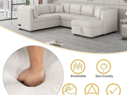 U-Shaped Sectional Sofa Pull Out Sofa Bed With Two USB Ports, Two Power Sockets, Three Back Pillows And A Storage Chaise For Living Room