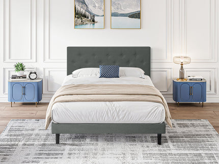 Modern Upholstered Platform Bed Frame With Button Tufted Fabric Headboard