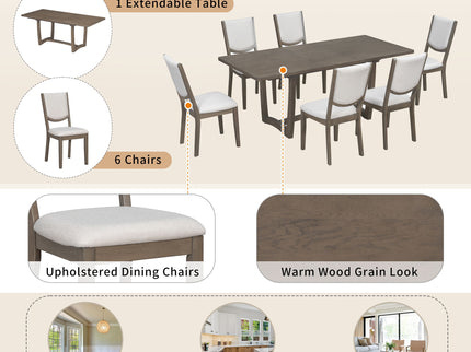 Rectangular Extendable Dining Table Set With 6 Upholstered Chairs