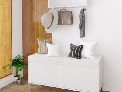 Wall Mounted Entryway Shelf With Hooks And Storage Bench Set - Off White
