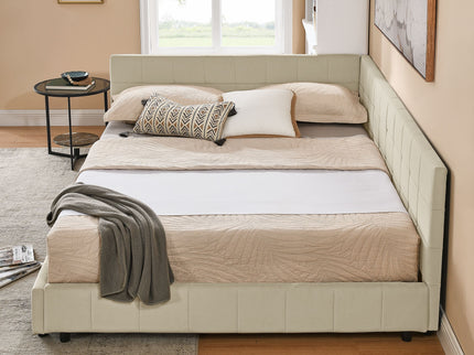 Mid-Century Storage Upholstered Tufted Bed Frame With Backrest And Armrests