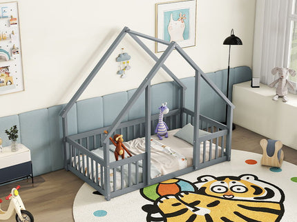 Wood House-Shaped Floor Bed With Fence, Guardrails