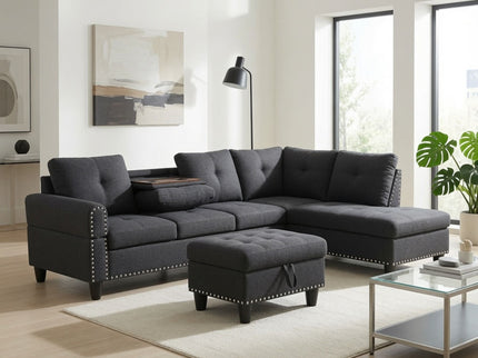 L - Shaped 3 Piece Sectional Sofa With Chaise, Storage Ottoman & Cup Holders