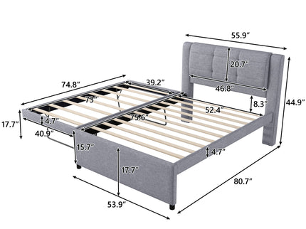 Upholstery Platform Bed With Trundle, Trundle Can Be Flat Or Erected