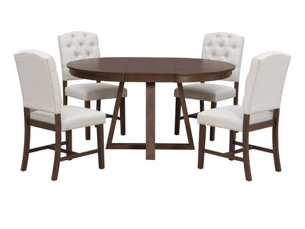 Dining Set With Leaf Round Table And 4 Upholstered Chairs