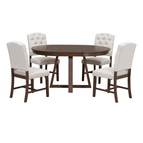 Dining Set With Leaf Round Table And 4 Upholstered Chairs