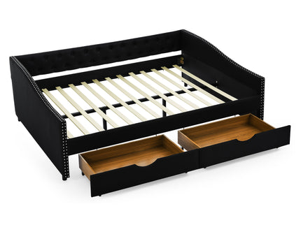 Upholstered Tufted Daybed With 2 Drawers, Waved Arms