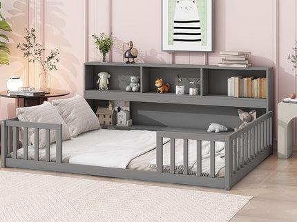 Floor Bed With Side Bookcase, Shelves, Guardrails