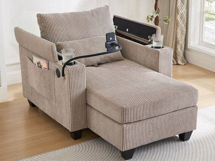 Convertible Chaise Lounge Sofa Chair With USB Ports, Cup Holders, Phone Holder And Storage