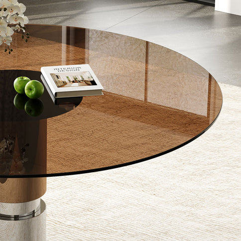 Round Dining Table / Tempered Glass Top - Brown