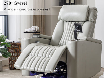 270° Power Swivel Recliner Home Theater Chair With Hidden Arm Storage, LED Light, Cup Holder, And Tray Table