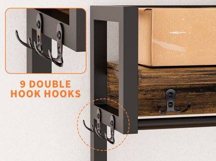 Hall Tree With 2 Movable Drawers, Shoe Storage, Shelves, Garment Racks, And 23 Hooks For Entryway - Rustic Brown