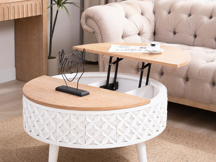 Round Coffee Table With Storage - White / Light Oak