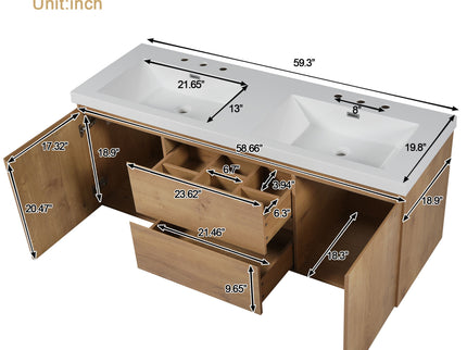 Double Sink Bathroom Vanity, Cabinet & Soft Close Doors, Divided Drawers, Wall Mounted Storage - Wood