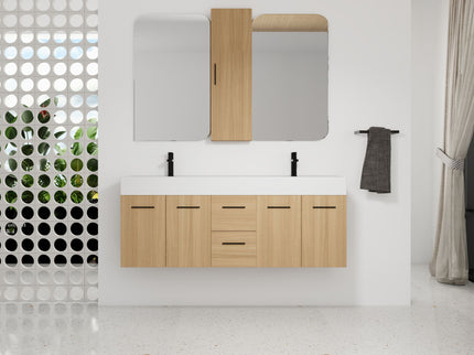 Floating Double Sink Bathroom Vanity Set With Tall Linen Cabinet, Drawers And Doors, Extra Large Storage, Integrated Sink, Soft Close Hardware - Glossy White / Light Oak