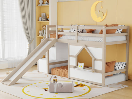 Loft Bed With Storage Stairs, Slide, Playhouse Window And 7 Colors LED Lights